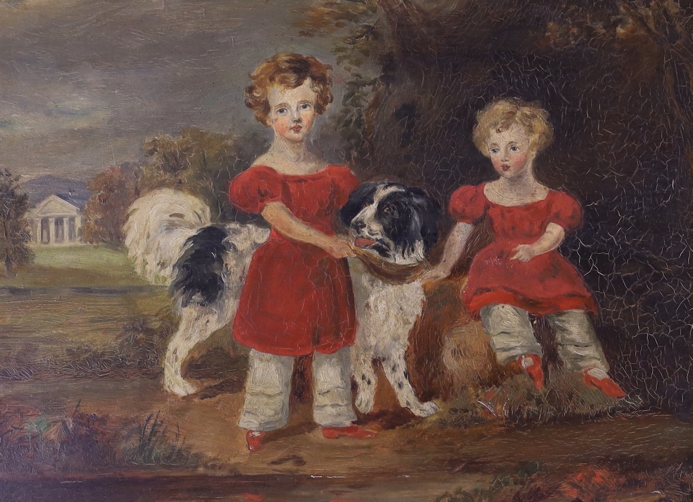 Victorian School, oil on board, Two children with a spaniel, possibly an overpainted print, 29 x 38cm